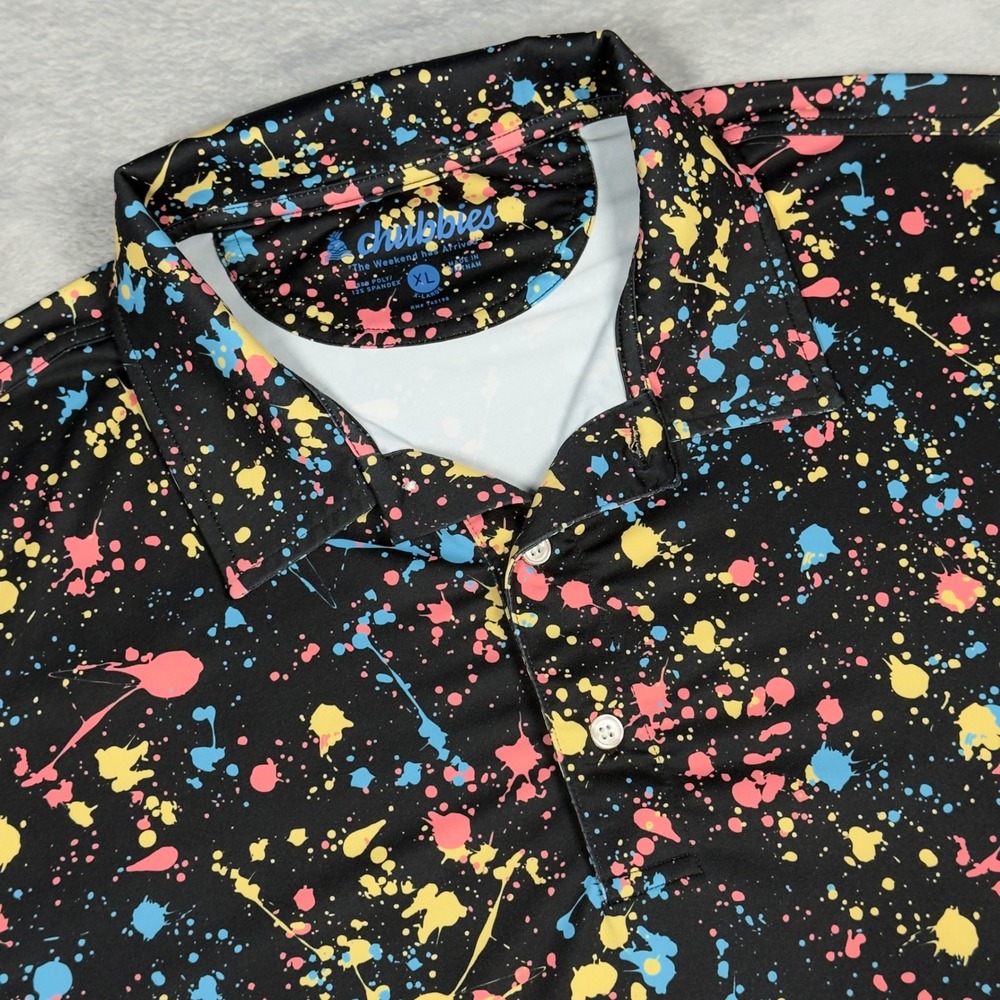 Chubbies XL Polo Shirt Mens Black Paint Splatter Performance Golf Short Sleeve